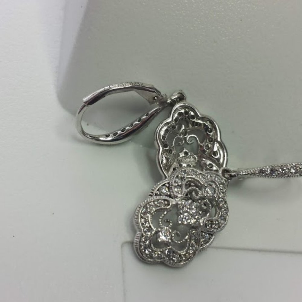 925 Sterling Silver CZ Diamonique Floral Earrings Retro Art Deco Style - Picture 9 of 14